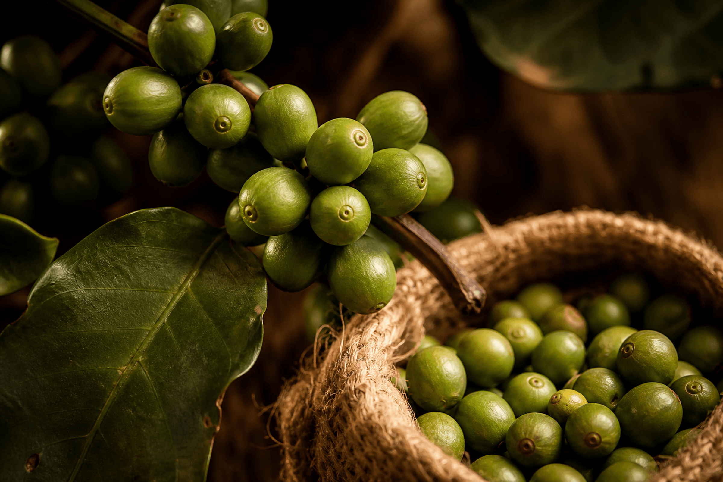Raw green coffee cherries and burlap photographed in warm macro light.