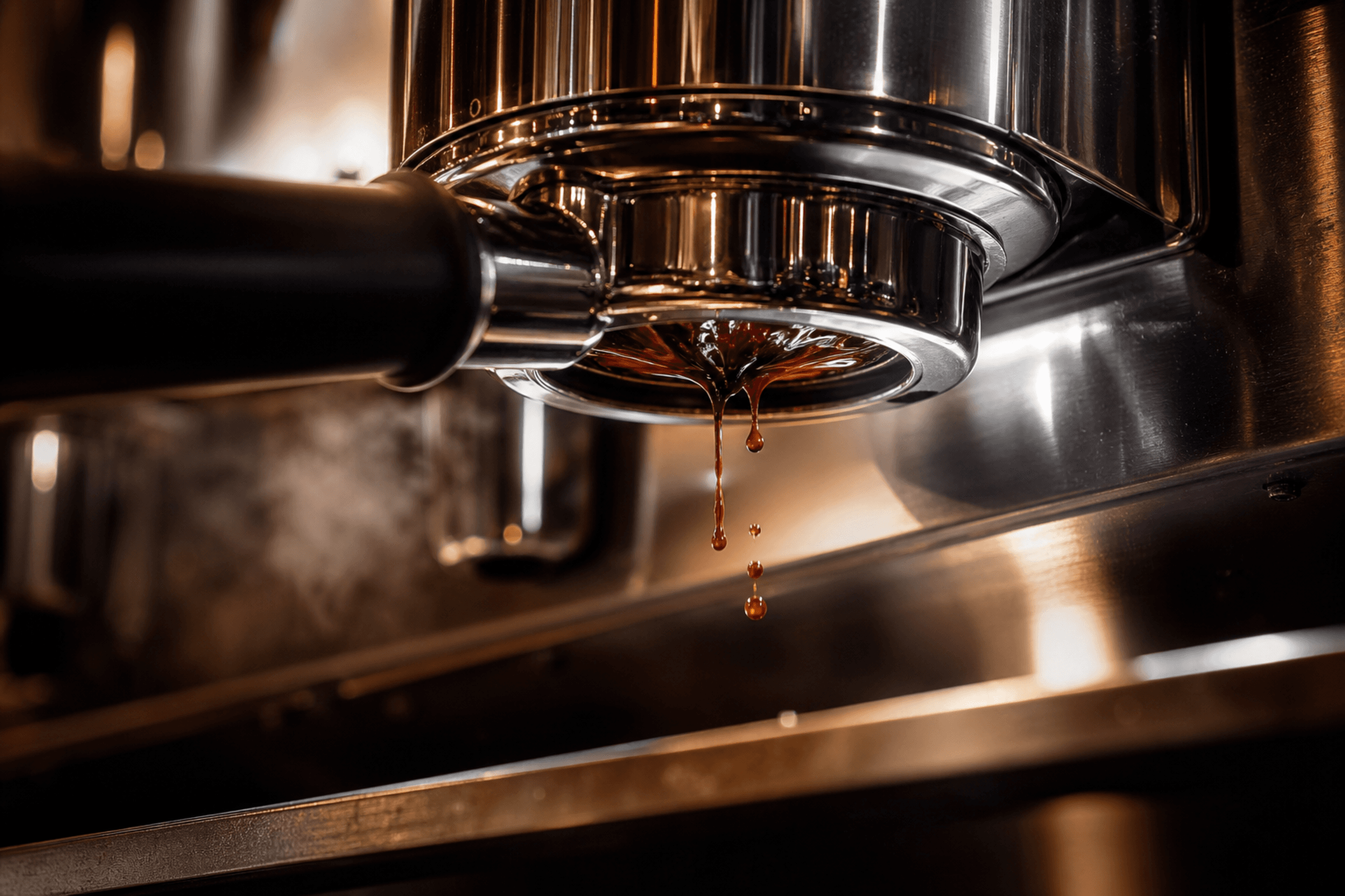 First drops of espresso falling from a portafilter locked into a group head.