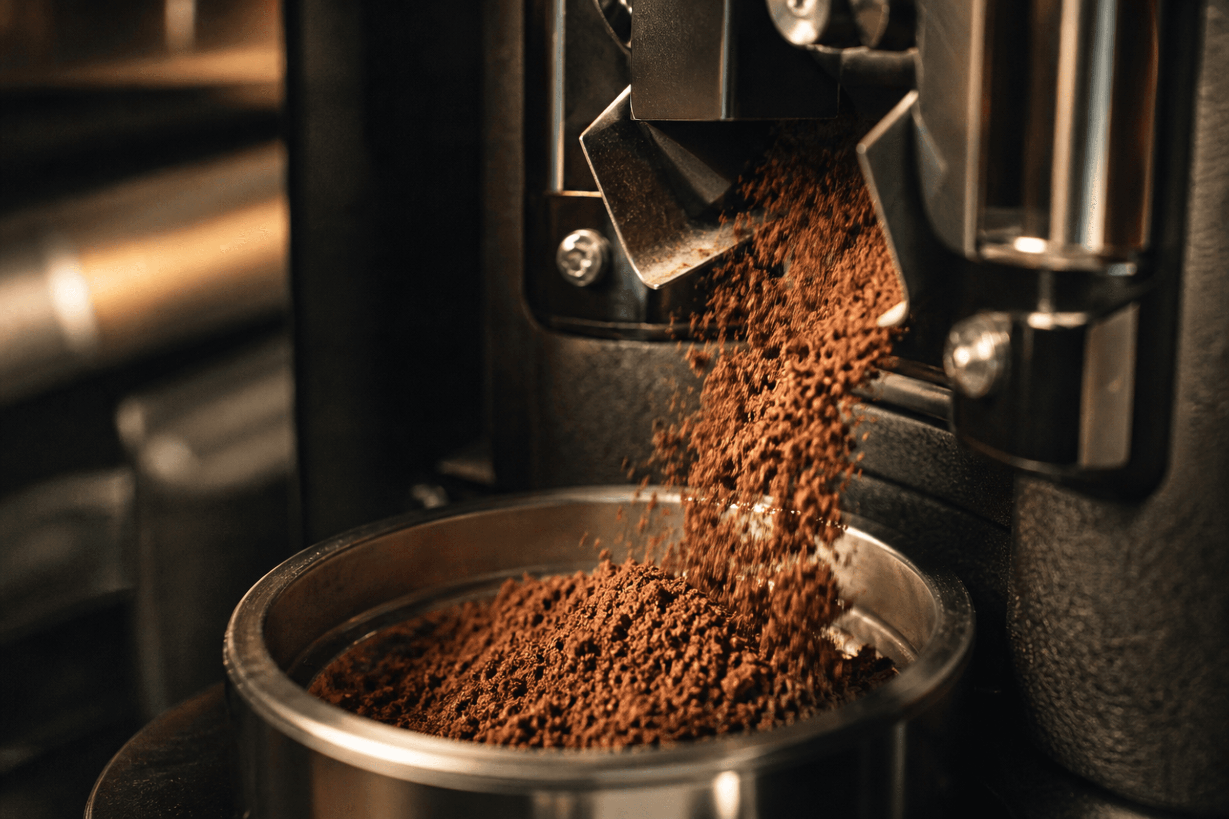 Fresh coffee grounds falling from a burr grinder into a metal doser.