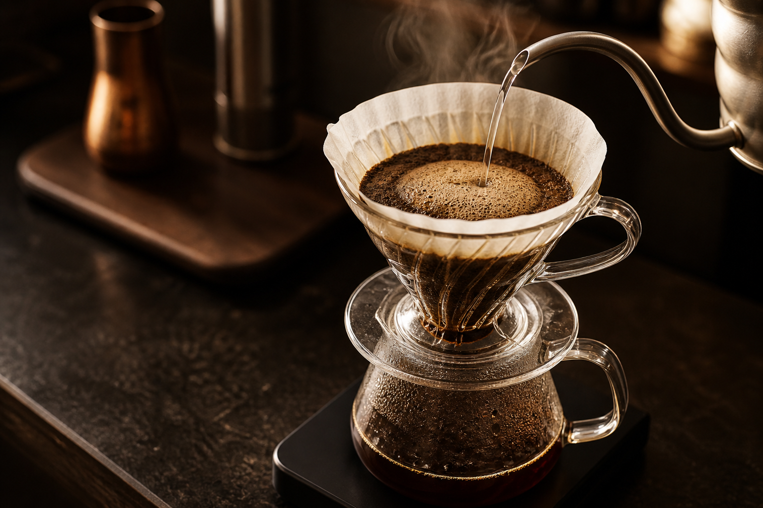 V60 dripper mid-pour with visible bloom.