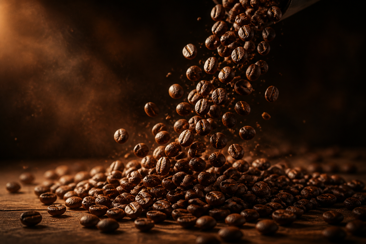 Roasted coffee beans poured mid-motion.