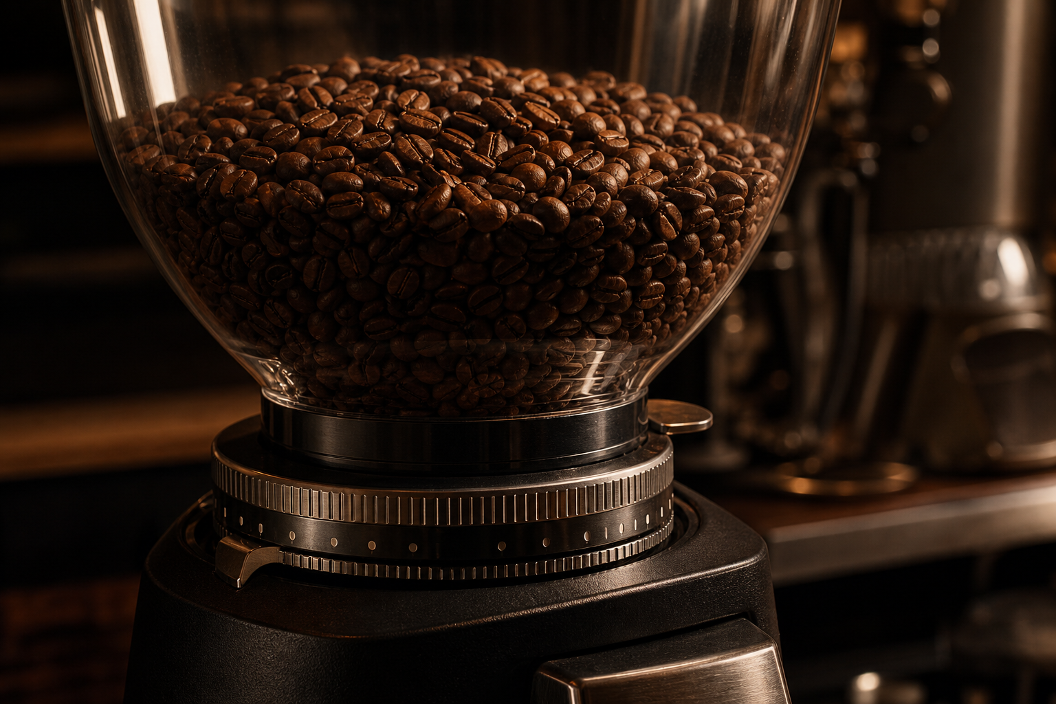 Burr grinder hopper filled with roasted coffee beans.