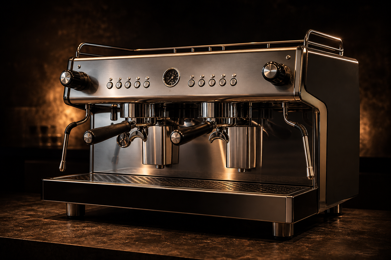 Commercial two-group espresso machine in warm studio light.