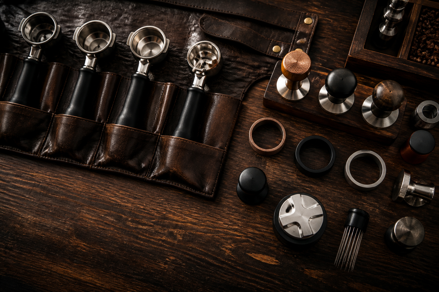 Portafilters, tampers, and espresso tools arranged on dark wood.