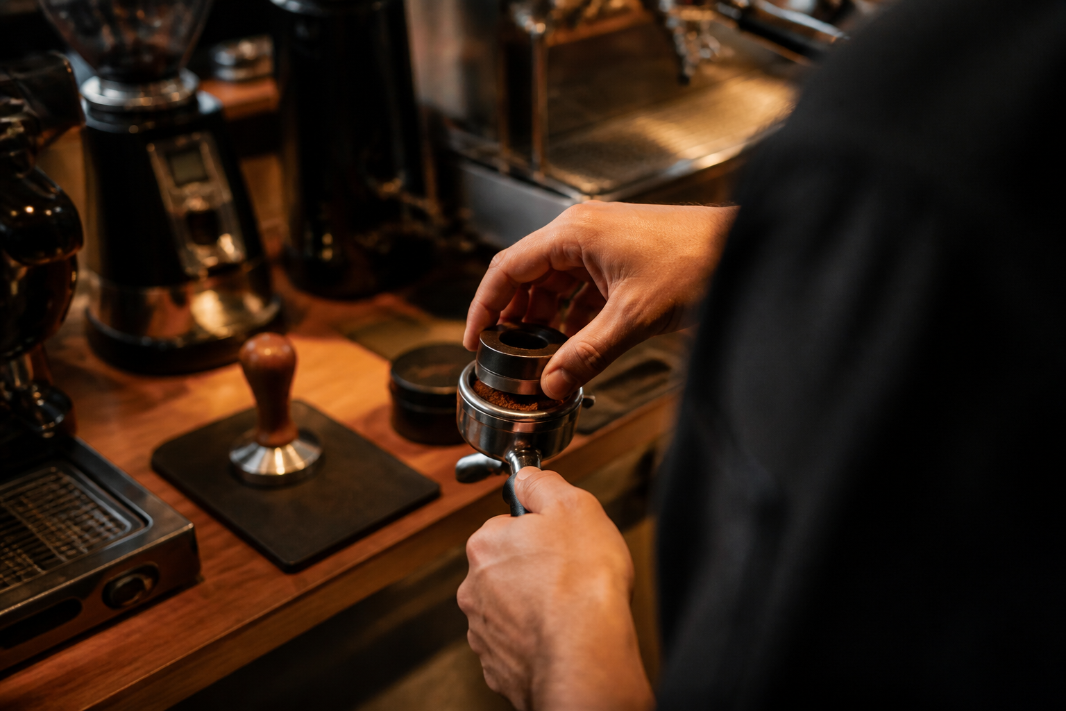 Barista hands adjusting a portafilter dose during training.