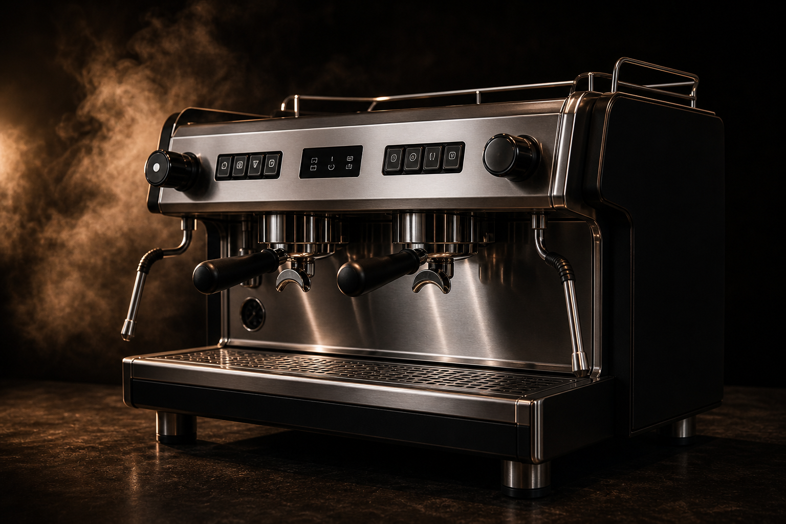 Compact two-group commercial espresso machine with brushed steel front.