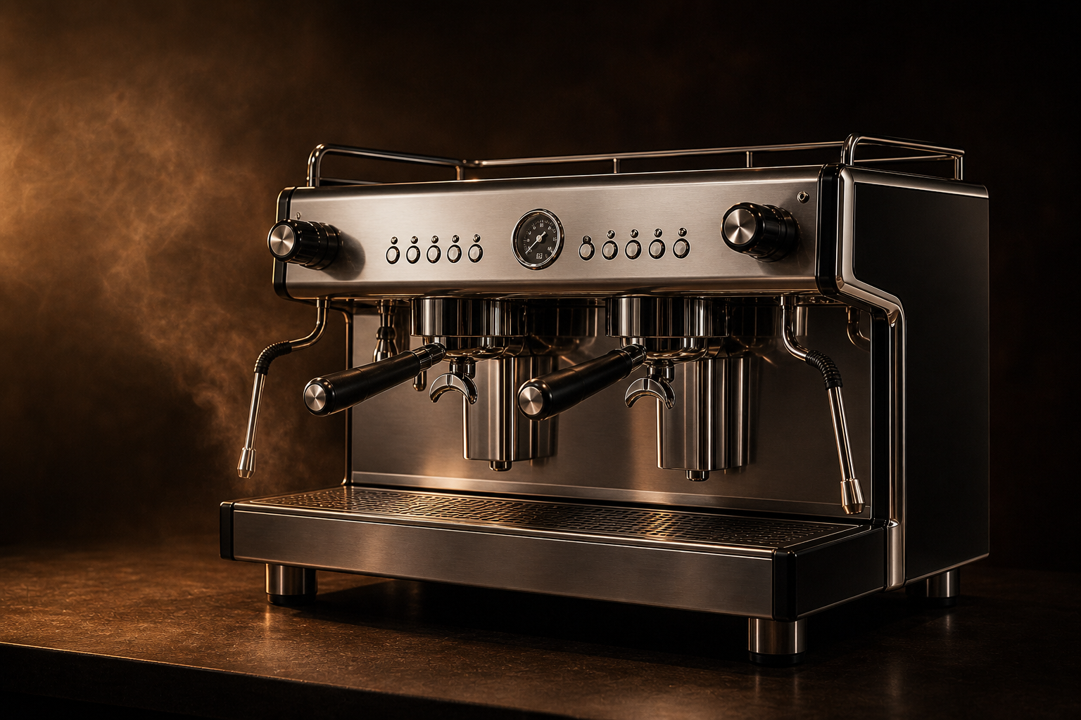 Two-group commercial espresso machine photographed on a dark studio backdrop.