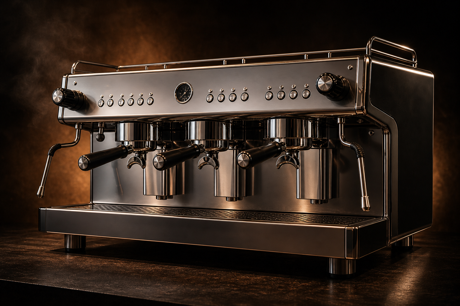 Large three-group commercial espresso machine with chrome and steel body.